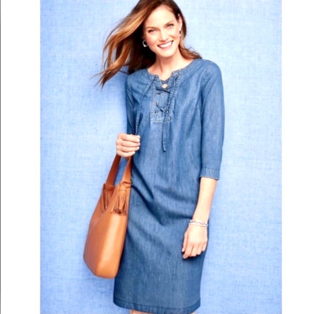 Talbots Denim Chambray Short Dress Lace Front 2P